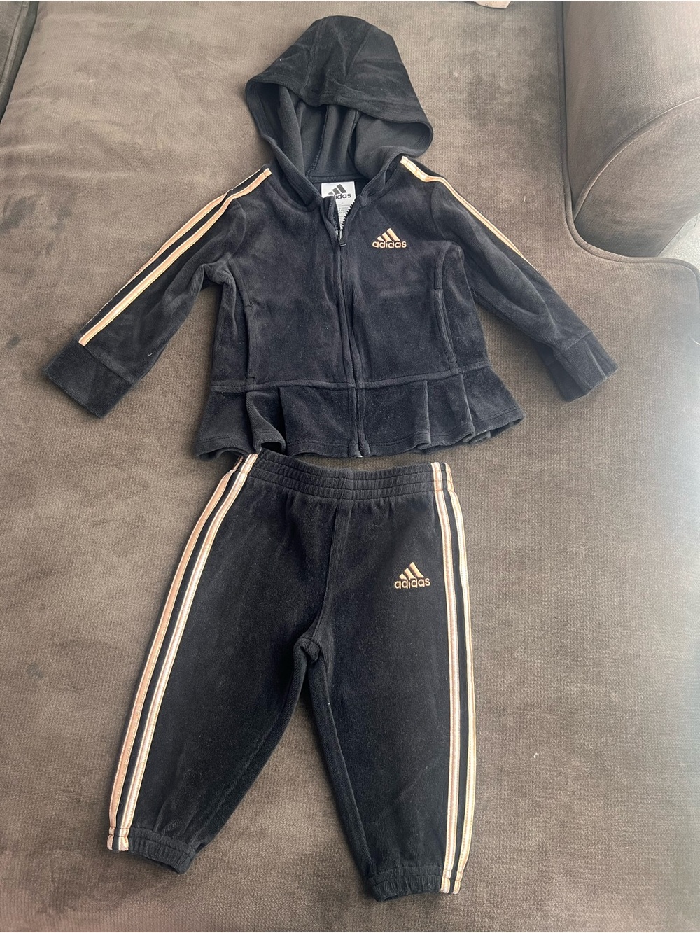 adidas Black Velour Hoodie & Joggers with Gold Trim